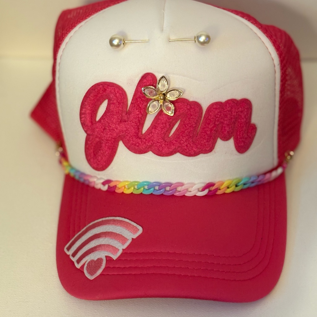Custom Made Pink And White Glam Cap With Rainbow Band Custom Made Pink And White Glam Cap With Rainbow Band